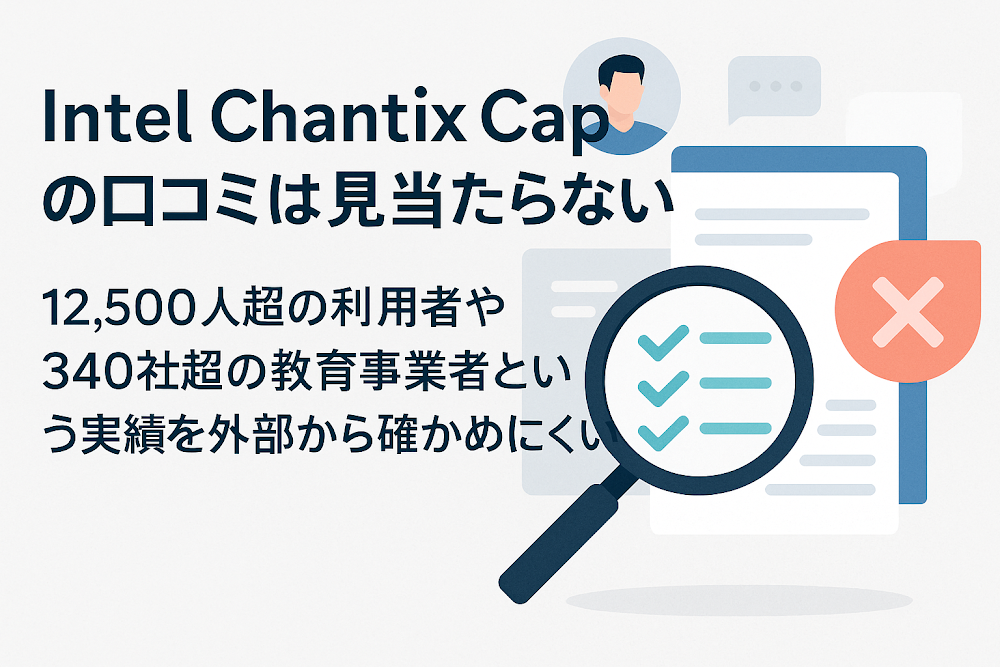 Intel&nbsp;Chantix&nbsp;Capの口コミは見当たらない　12,500人超の利用者や340社超の教育事業者という実績を外部から確かめにくい