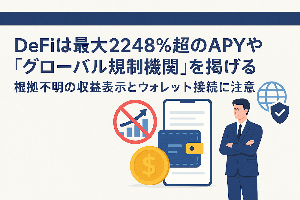 Defiは最大2248%超のAPYや「グローバル規制機関」を掲げる 根拠不明の収益表示とウォレット接続に注意