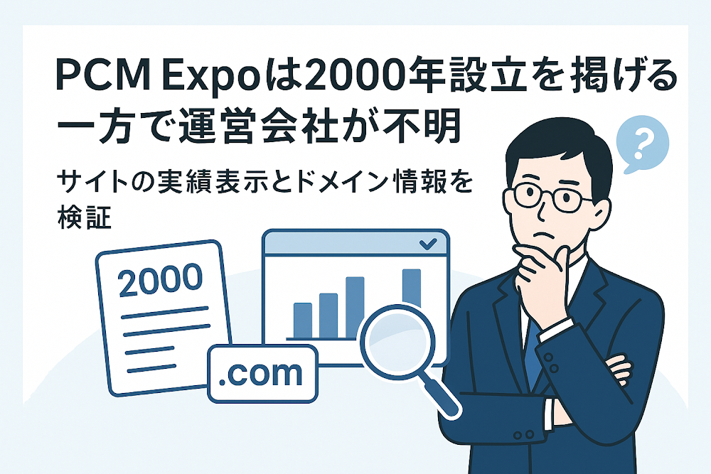 PCM Expoは2000年設立を掲げる一方で運営会社が不明 サイトの実績表示とドメイン情報を検証