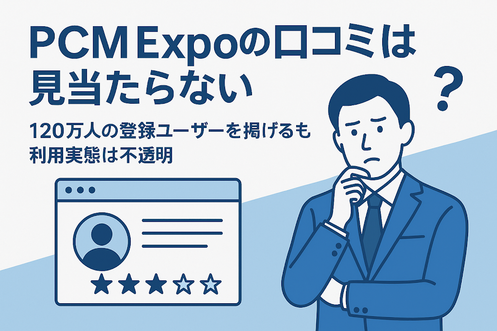 PCM Expoの口コミは見当たらない 120万人の登録ユーザーを掲げるも利用実態は不透明