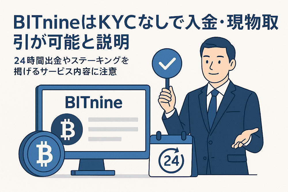 BITnineはKYCなしで入金・現物取引が可能と説明　24時間出金やステーキングを掲げるサービス内容に注意