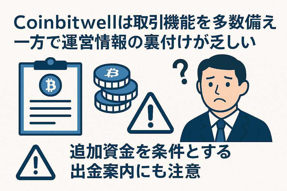 Coinbitwellは取引機能を多数備える一方で運営情報の裏付けが乏しい　追加資金を条件とする出金案内にも注意