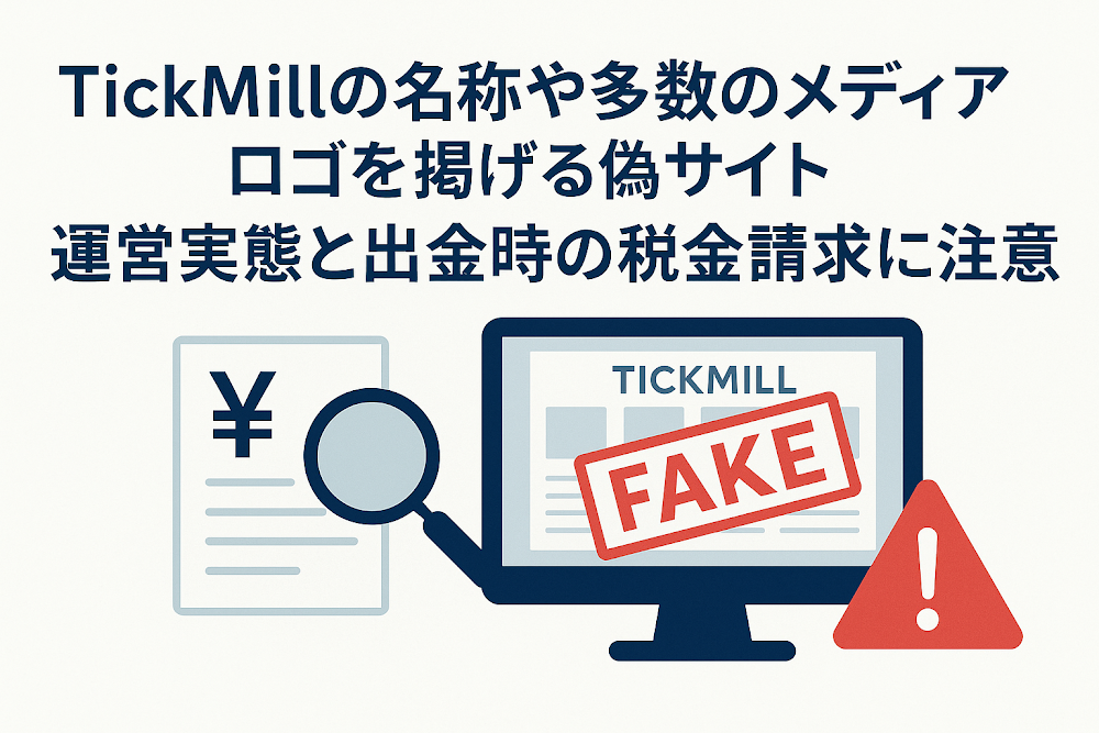TickMillの名称や多数のメディアロゴを掲げる偽サイト　運営実態と出金時の税金請求に注意