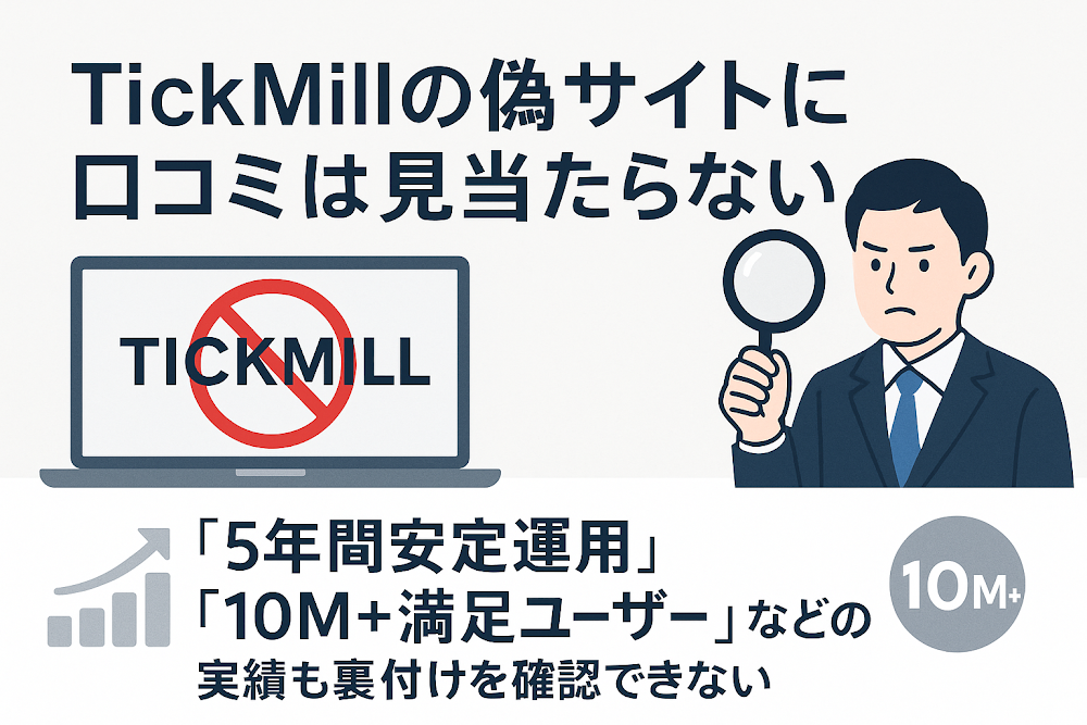 TickMillの偽サイトに口コミは見当たらない　「5年間安定運用」「10M+満足ユーザー」などの実績も裏付けを確認できない
