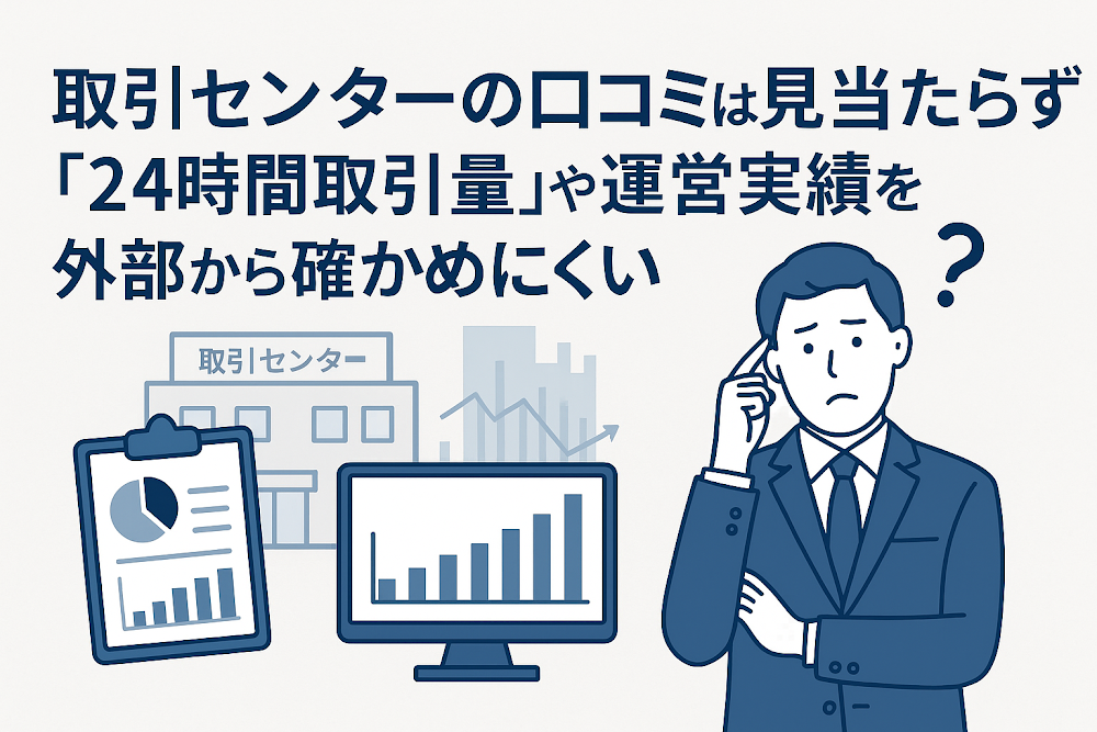 取引センターの口コミは見当たらず「24時間取引量」や運営実績を外部から確かめにくい