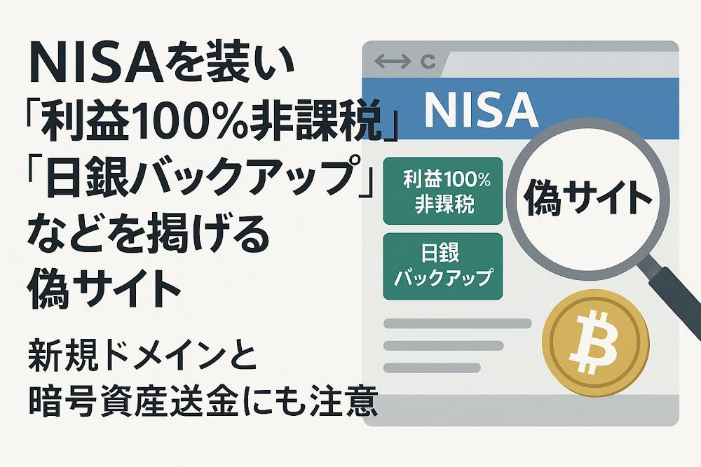 NISAを装い「利益100％非課税」「日銀バックアップ」などを掲げる偽サイト　新規ドメインと暗号資産送金にも注意