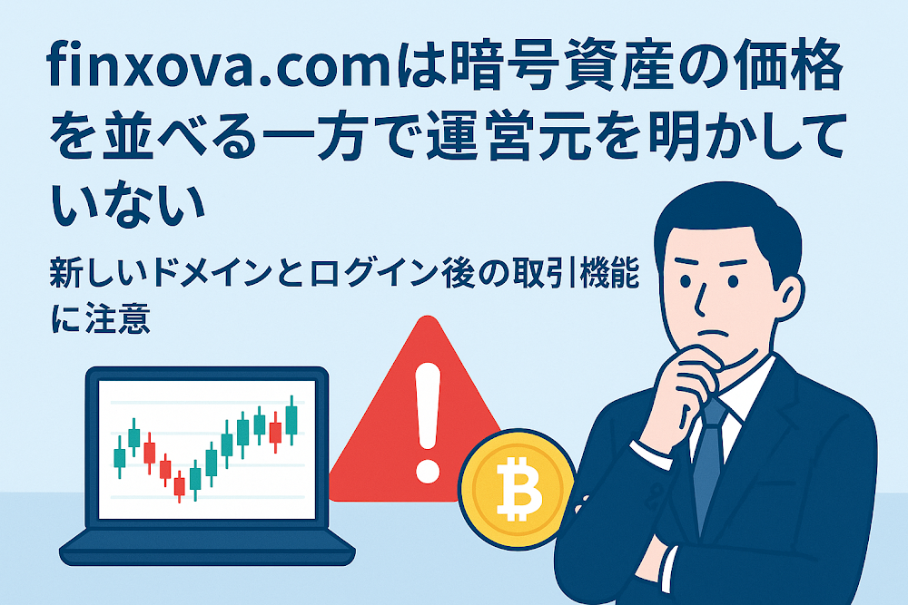 finxova.comは暗号資産の価格を並べる一方で運営元を明かしていない 新しいドメインとログイン後の取引機能に注意