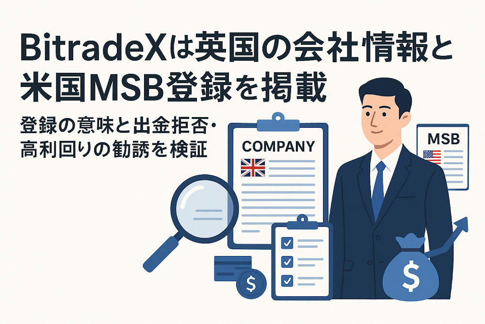 BitradeXは英国の会社情報と米国MSB登録を掲載　登録の意味と出金拒否・高利回りの勧誘を検証