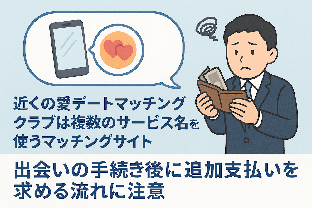 近くの愛デートマッチングクラブは複数のサービス名を使うマッチングサイト　出会いの手続き後に追加支払いを求める流れに注意