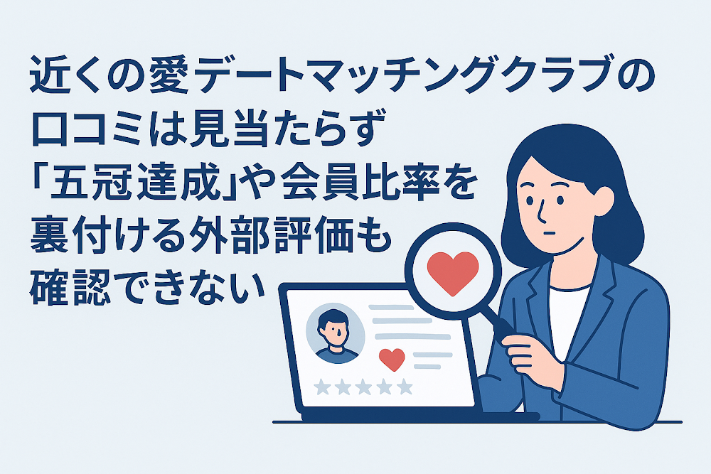 近くの愛デートマッチングクラブの口コミは見当たらず「五冠達成」や会員比率を裏付ける外部評価も確認できない