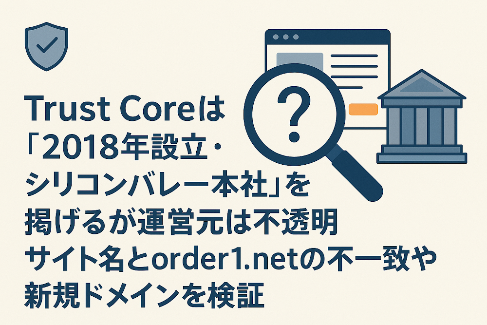 Trust&nbsp;Coreは「2018年設立・シリコンバレー本社」を掲げるが運営元は不透明　サイト名とorderl.netの不一致や新規ドメインを検証