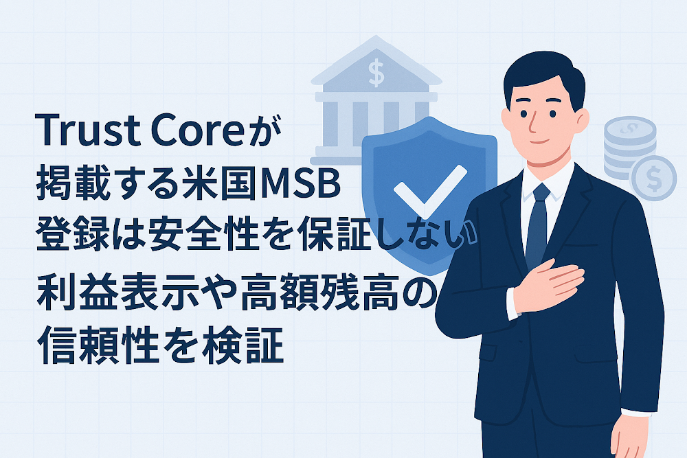 Trust&nbsp;Coreが掲載する米国MSB登録は安全性を保証しない　利益表示や高額残高の信頼性を検証
