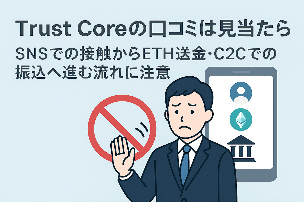Trust Coreの口コミは見当たらない　SNSでの接触からETH送金・C2Cでの振込へ進む流れに注意