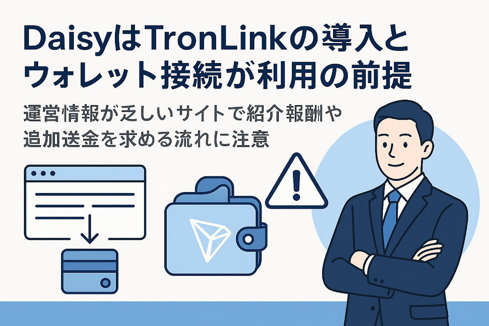 DaisyはTronLinkの導入とウォレット接続が利用の前提 運営情報が乏しいサイトで紹介報酬や追加送金を求める流れに注意