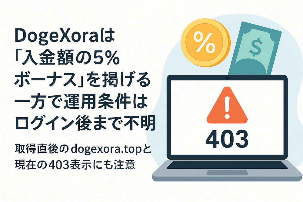 DogeXoraは「入金額の5％ボーナス」を掲げる一方で運用条件はログイン後まで不明 取得直後のdogexora.topと現在の403表示にも注意