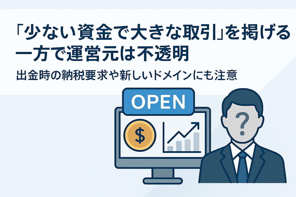 OPENは「少ない資金で大きな取引」を掲げる一方で運営元は不透明　出金時の納税要求や新しいドメインにも注意