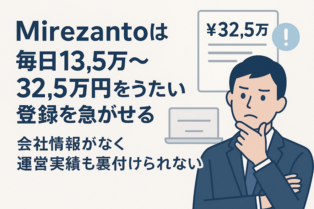 Mirezantoは「毎日13.5万～32.5万円」をうたい登録を急がせる 会社情報がなく運営実績も裏付けられない