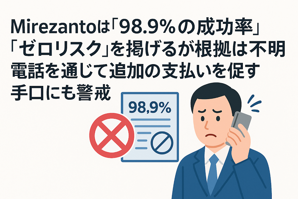 Mirezantoは「98.9％の成功率」「ゼロリスク」を掲げるが根拠は不明 電話を通じて追加の支払いを促す手口にも警戒