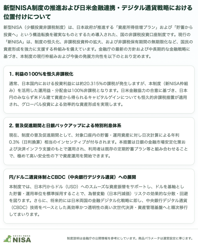 新型NISA制度の推進および日米金融連携・デジタル通貨戦略における位置付けについて